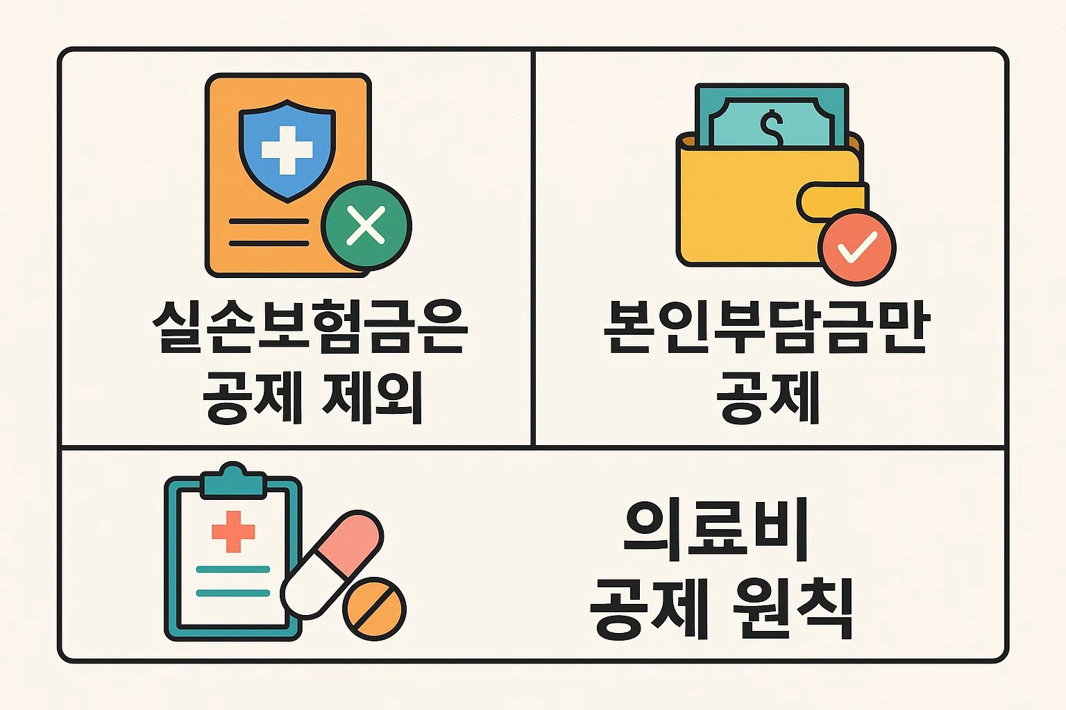 실손보험금은 공제 제외, 본인부담금만 공제 가능, 의료비 공제 원칙 등 두 제도의 적용 차이를 명확히 구분해 설명한 비교형 인포그래픽입니다.