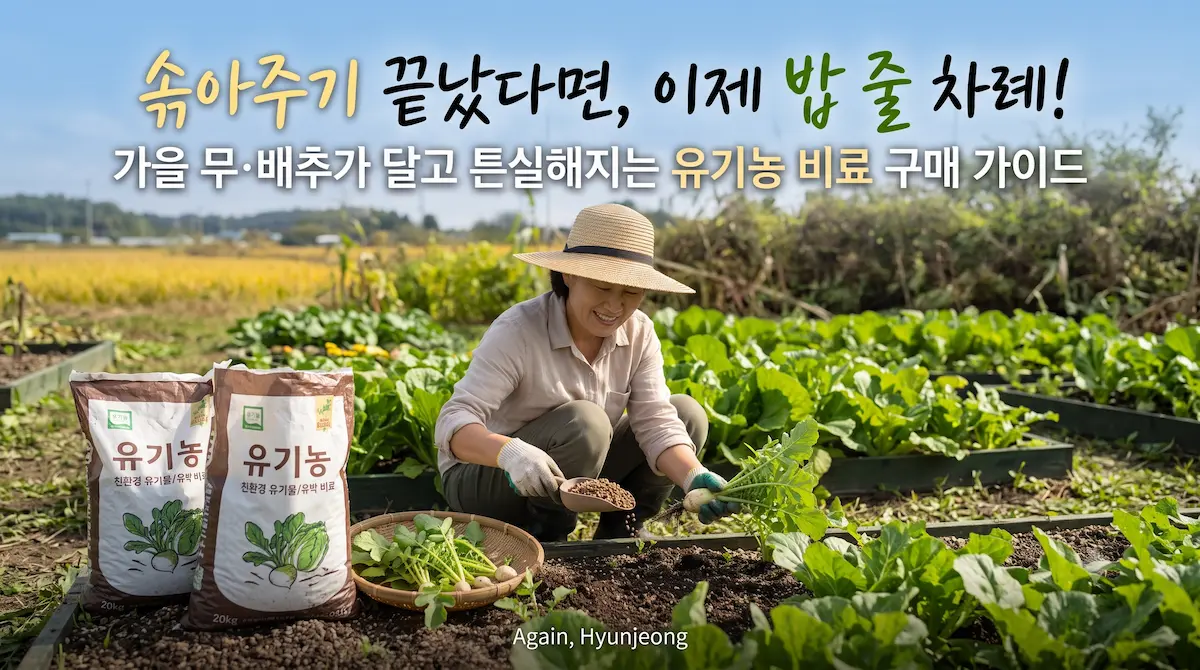 가을 햇살 아래 유기농 비료 포대와 건강하게 자란 텃밭 채소