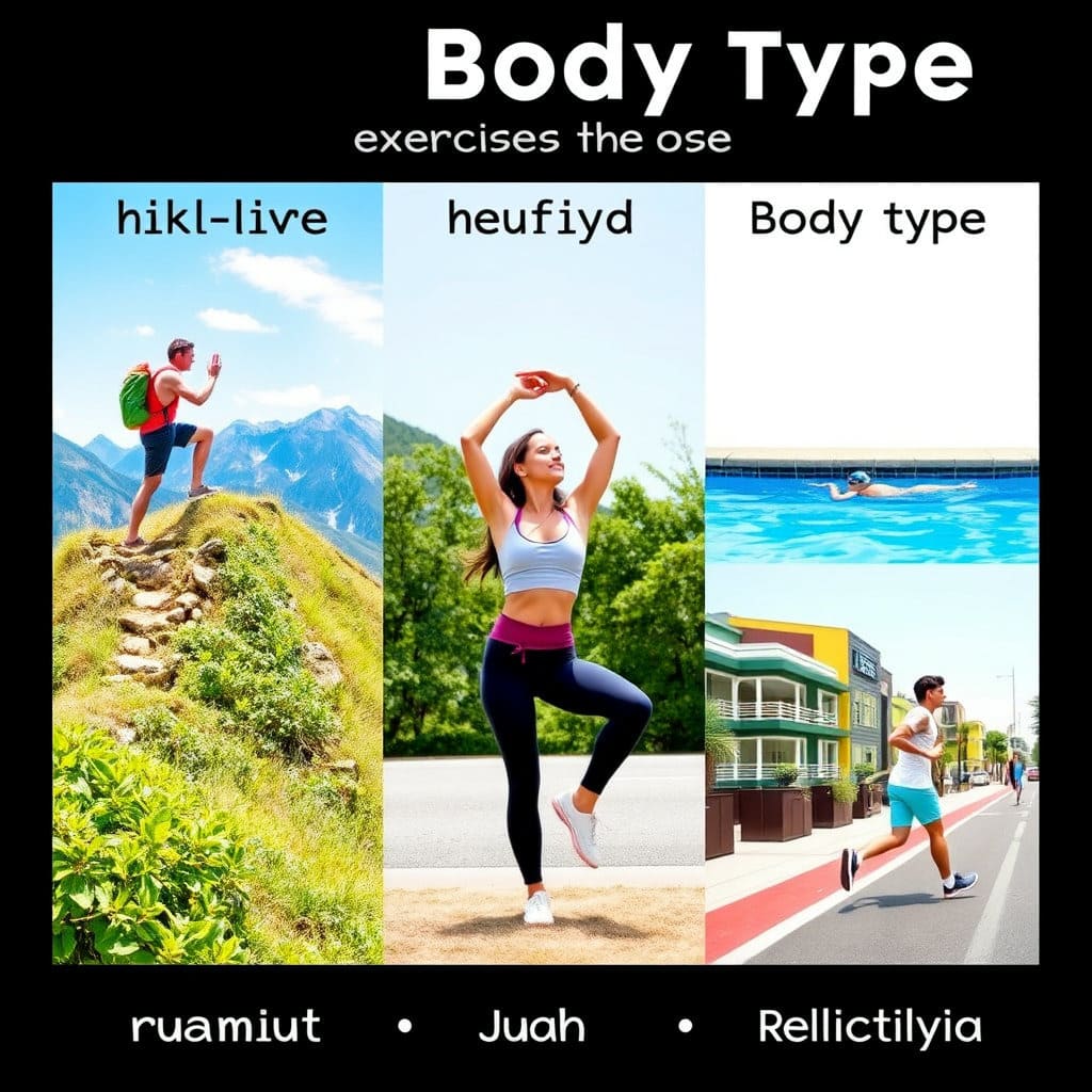 여러 명의 사람들이 각기 다른 운동(예: 등산, 요가, 수영, 조깅)을 하는 모습을 분할 화면이나 콜라주 형태로 보여줍니다. 각 운동 장면 위에는 해당 운동이 적합한 체질 이름이 간결하게 표시됩니다. 역동적이고 건강한 분위기를 연출합니다.