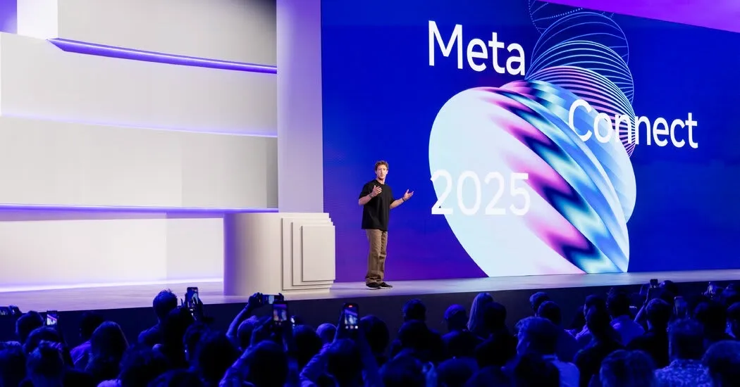 Meta Connect 2025 행사 무대에서 발표자가 청중 앞에서 프레젠테이션을 하고 있다. 대형 스크린에는 