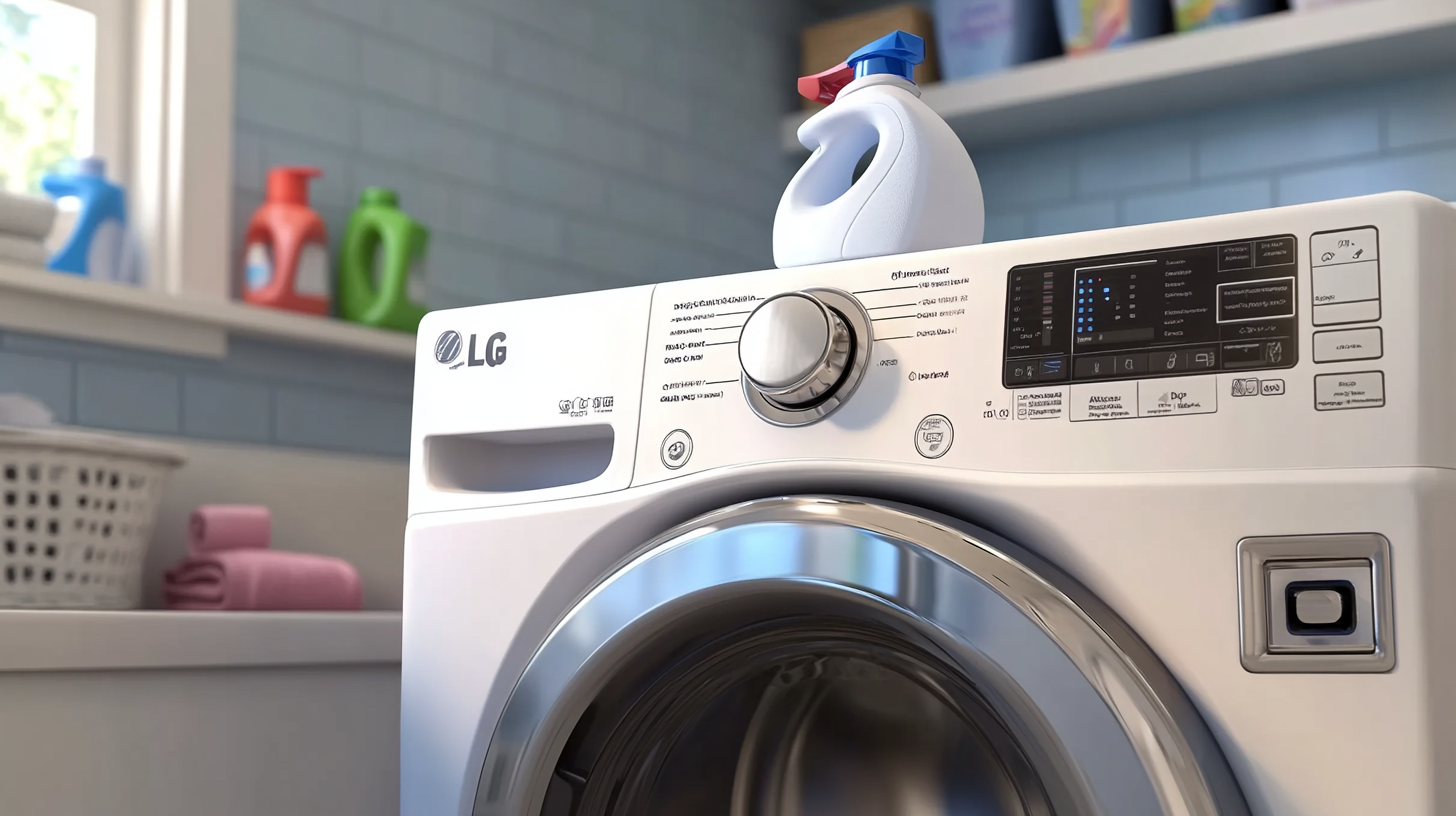 밝고 환한 세탁실에서 지속 가능하고 친환경적인 디자인 요소가 배경을 이루는 LG 세탁기의 자동 세제 투입기 이미지.