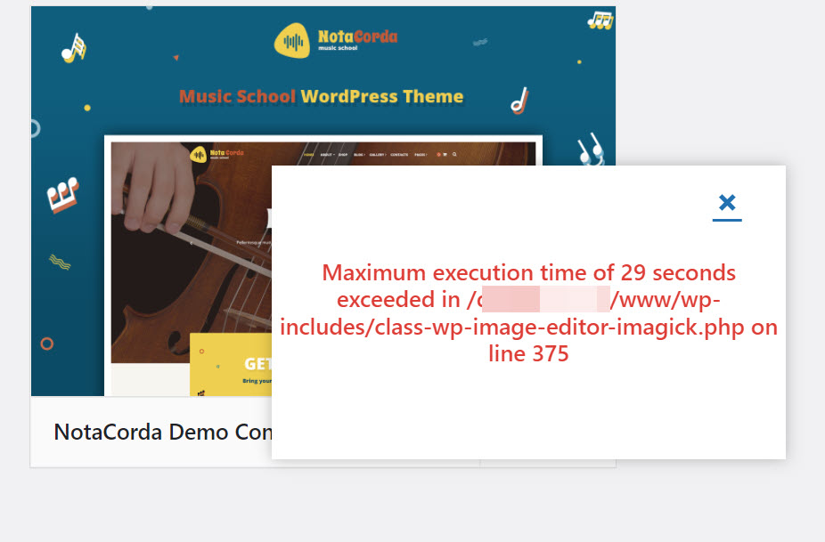 워드프레스 NotaCorda 테마 데모 설치 방법 - 설치 실패