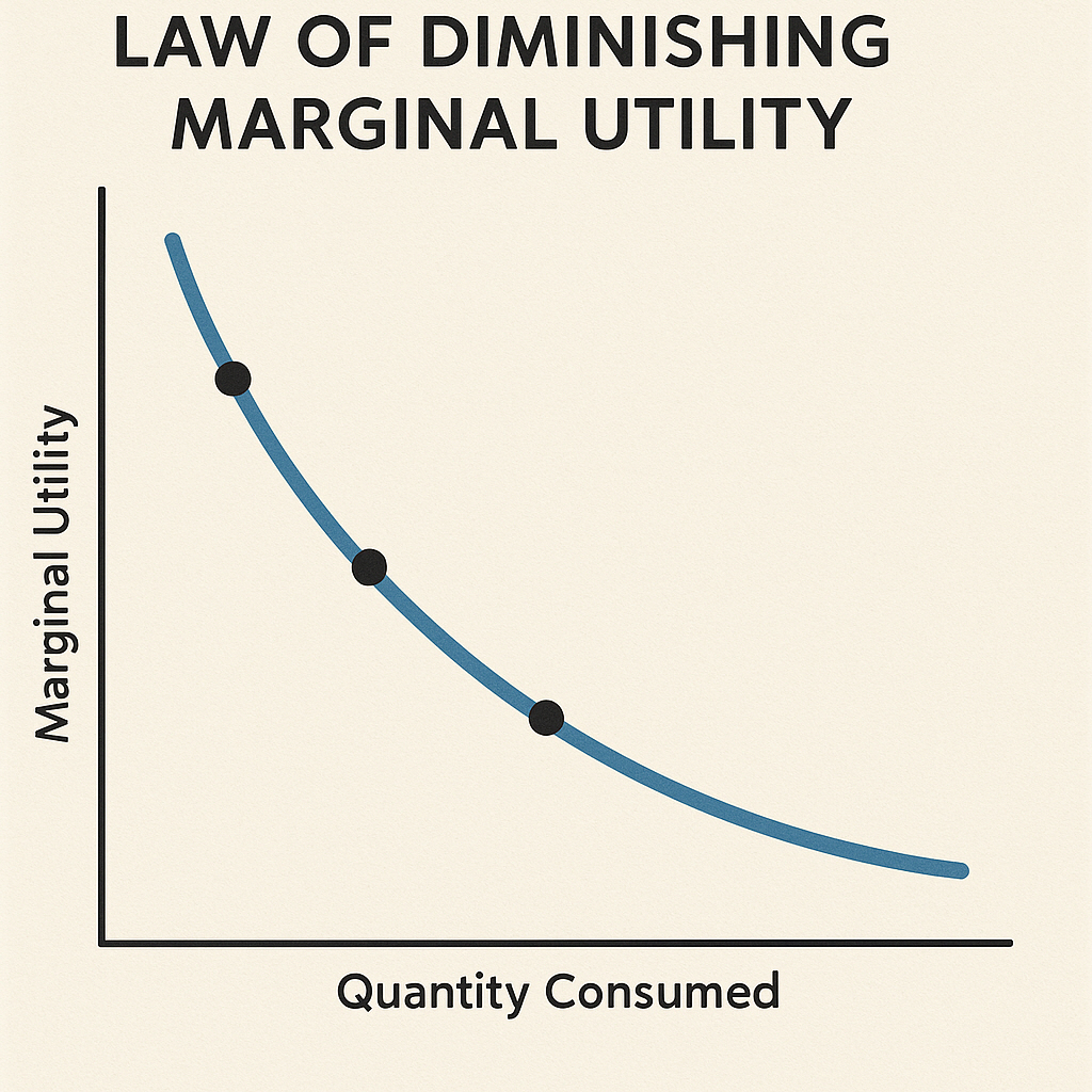 소비량이 늘어날수록 추가로 얻는 만족도는 점점 줄어든다는 한계효용 체감의 법칙을 나타낸 그래프입니다.