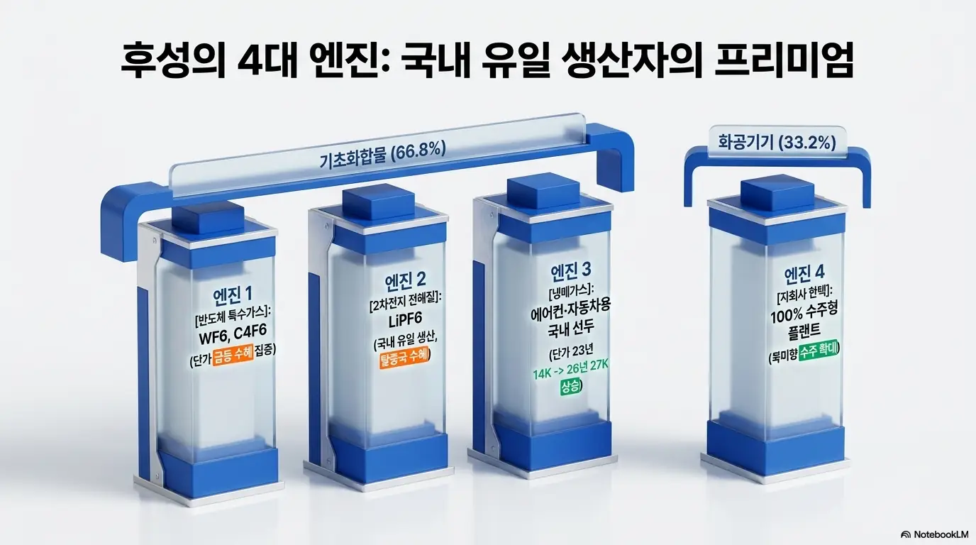 후성 주가 전망: 후성의 사업 구조를 4대 엔진으로 시각화한 인포그래픽. 기초화합물(66.8%)은 반도체 특수가스 WF6·C4F6, 국내 유일 생산 2차전지 전해질 LiPF6, 냉매가스로 구성되고, 화공기기(33.2%)는 자회사 한텍의 100% 수주형 플랜트 사업임을 보여줌.