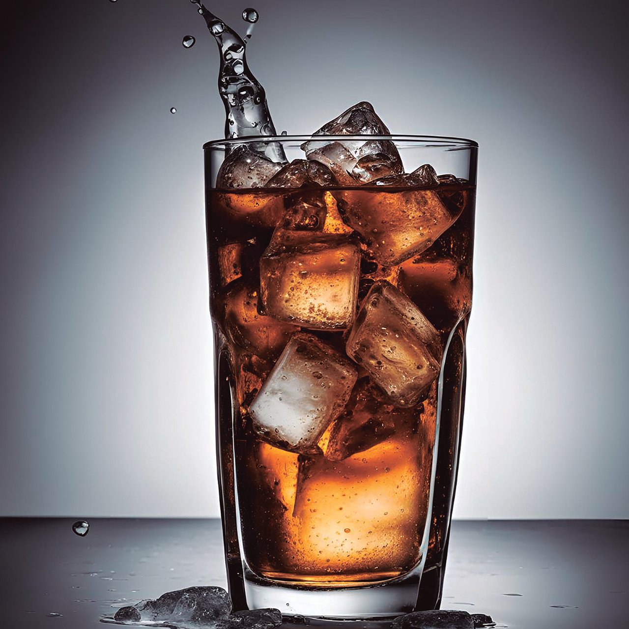얼음 가득한 유리잔에 콜라 가득