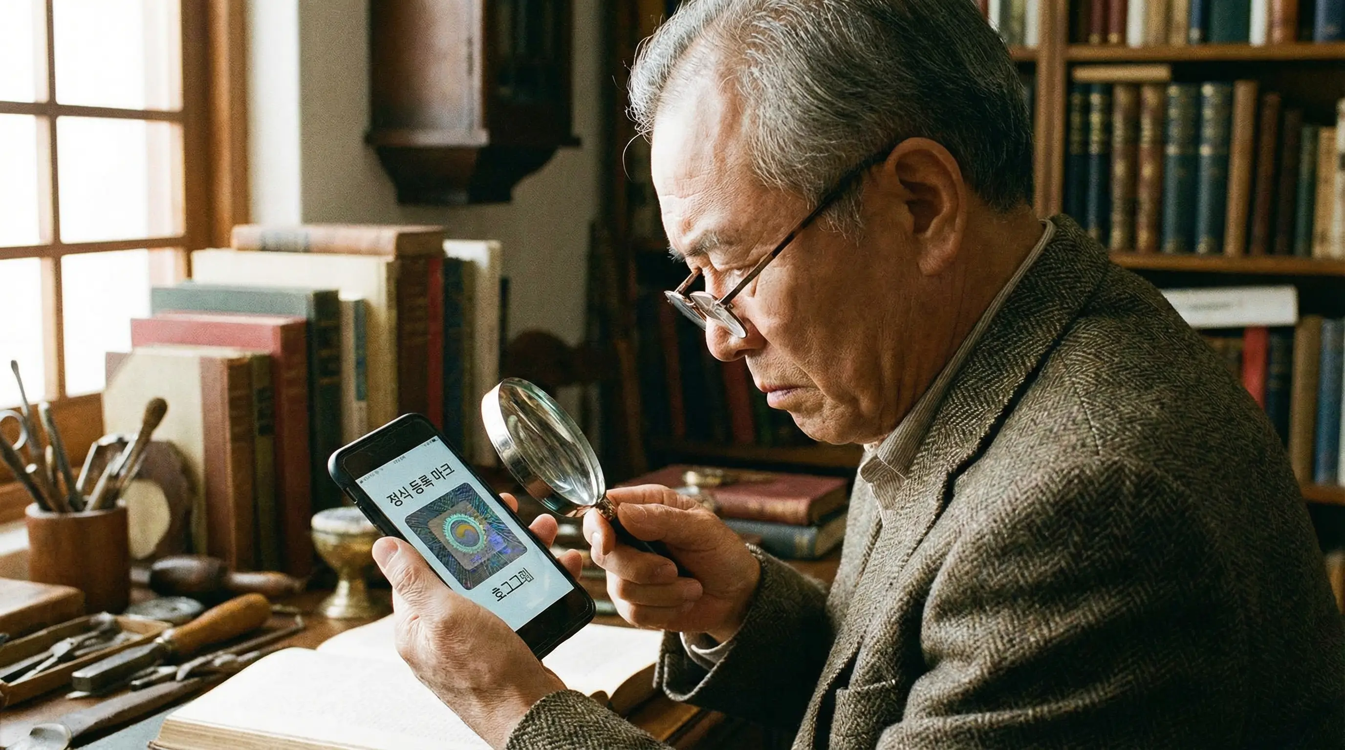 돋보기를 들고 스마트폰 화면 속의 정식 등록 마크를 꼼꼼하게 확인하는 신중한 모습