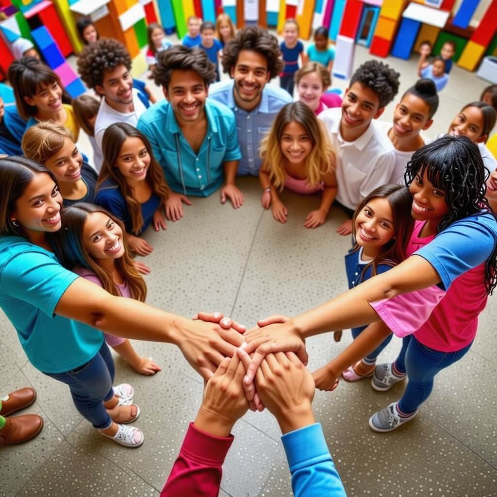 여러 사람이 손을 잡고 있는 모습. 다양한 연령대와 직업의 사람들이 함께하고 있습니다.