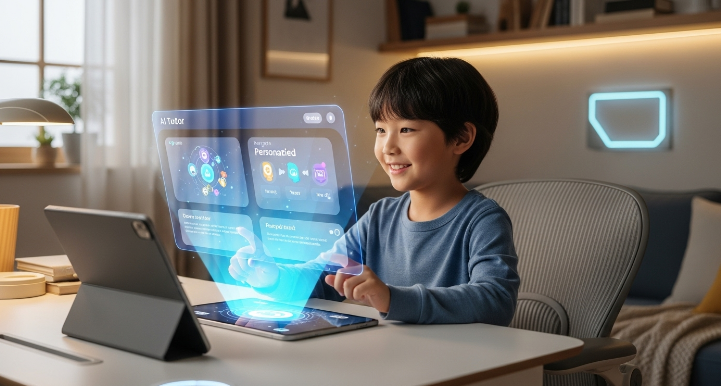 미래지향적인 집 서재에서 태블릿과 홀로그램 AI 튜터와 즐겁게 상호작용하며 맞춤 학습을 하는 한국인 아이의 모습. 아이는 호기심 가득한 표정으로 AI가 제공하는 개인화된 학습 모듈을 보고 있다.