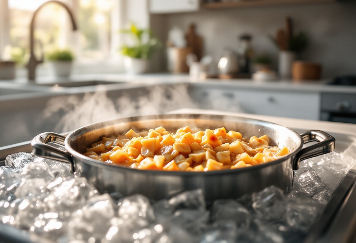 여름철 조리된 음식을 얼음물에 급속 냉각하여 식중독을 예방하는 방법