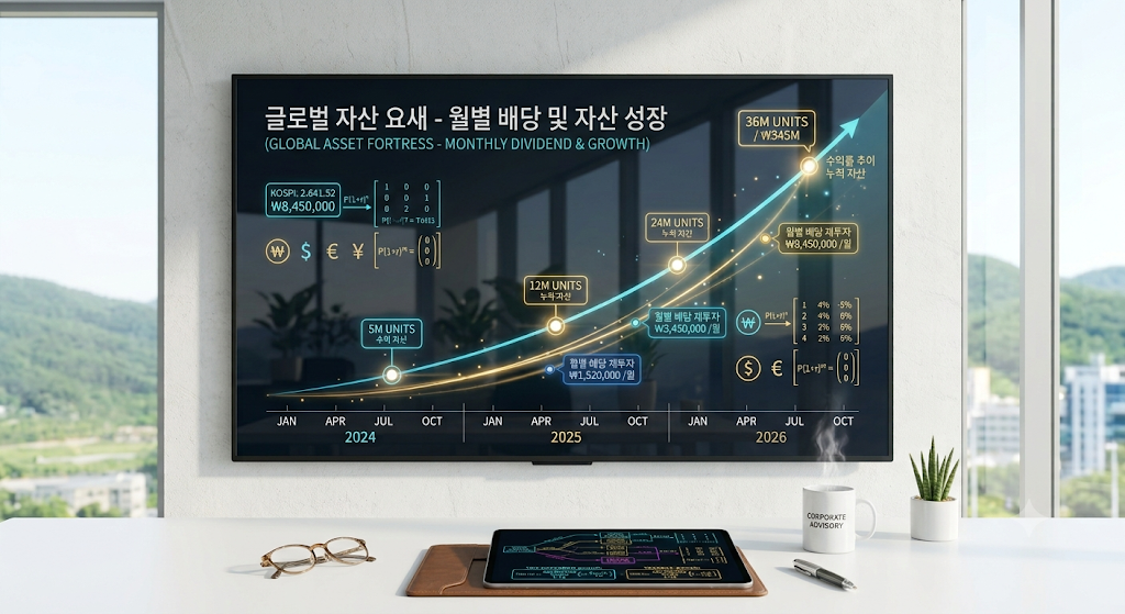 세련된 모던 오피스 데스크 위에 놓인 태블릿 PC 화면에 선명하게 찍힌 SOL 타겟위클리 및 ACE 고배당주 액티브의 연금 계좌 복리 재투자 시뮬레이션