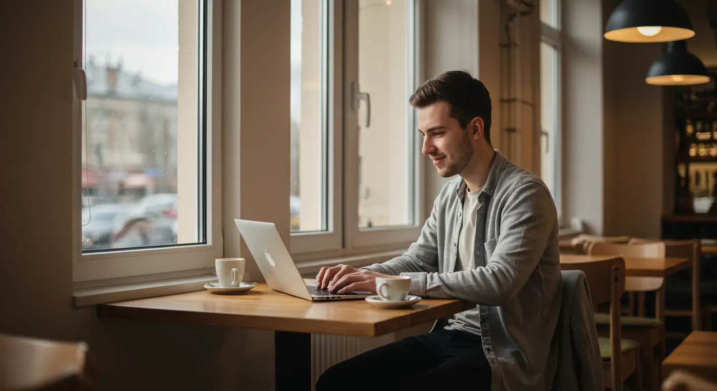 채무통합 성공 후 카페에서 만족스럽게 일하는 4대보험 미가입 근로자