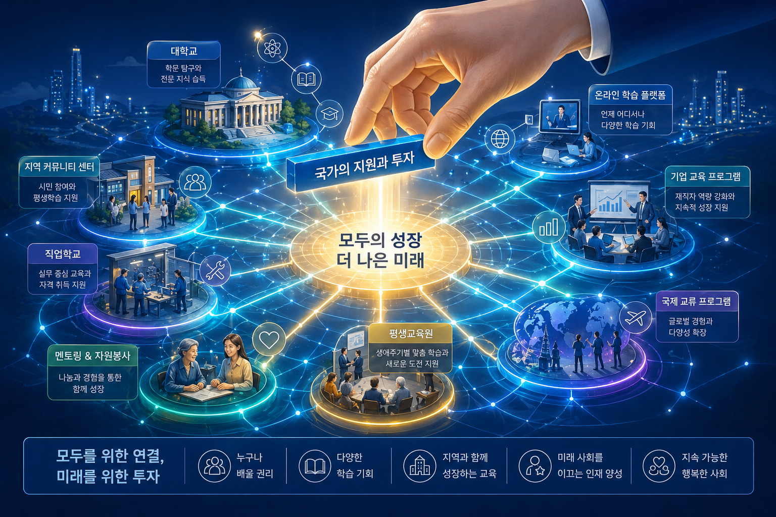 국가 지원이 평생교육 생태계 전체를 연결하고 발전시키는 모습을 추상적으로 표현한 이미지.