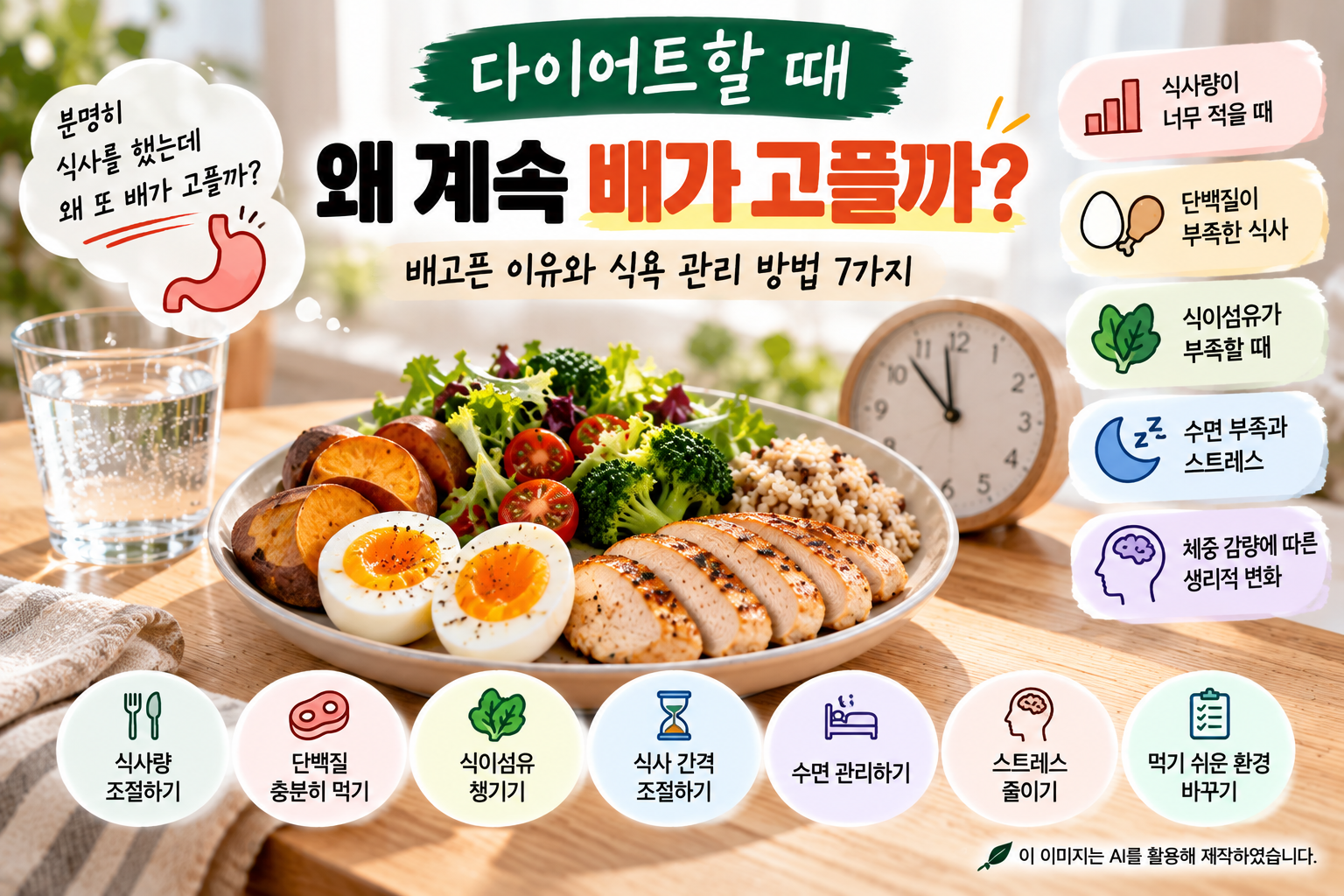 다이어트 중 계속 배가 고픈 이유와 단백질·식이섬유 섭취, 수면 관리 등 식욕을 조절하는 7가지 방법을 설명하는 이미지