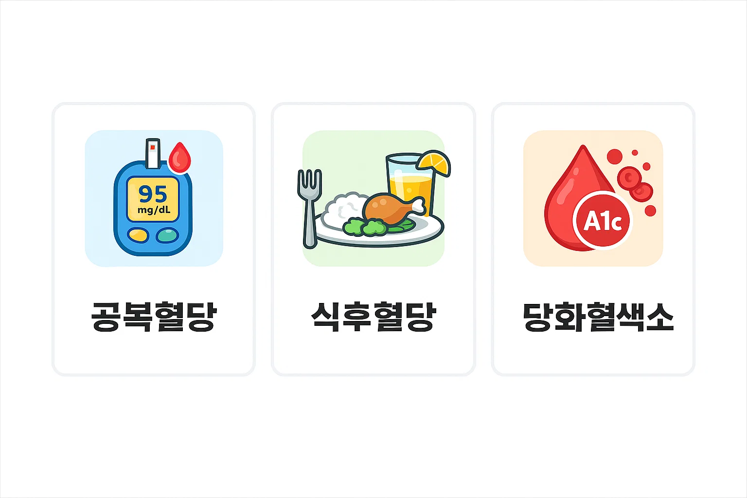 공복혈당 식후혈당 당화혈색소 A1c 수치별 의미와 당뇨병 진단 및 치료 기준을 비교해 이해하기 쉽게 설명한 이미지입니다