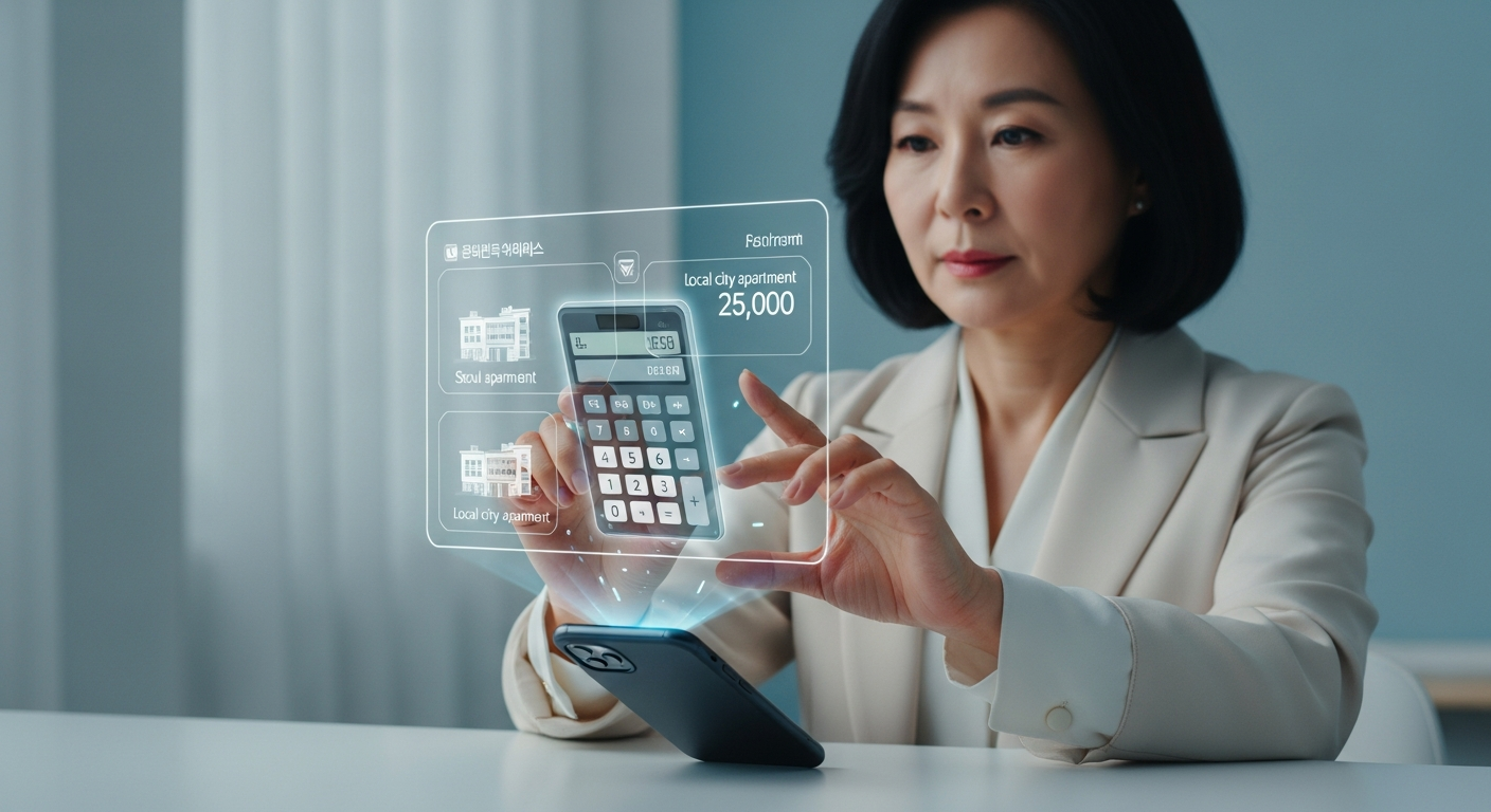 책상에 앉아 검은색 스마트폰 위에 떠 있는 홀로그램 계산기를 사용하고 있는 동안의 한국 중년 여성(검은 머리). 홀로그램은 'seoul apartment'와 'local city apartment' 사이의 비교 숫자를 보여줍니다. 부드러운 배경, 미래지향적인 금융 상담 분위기.텍스트없음