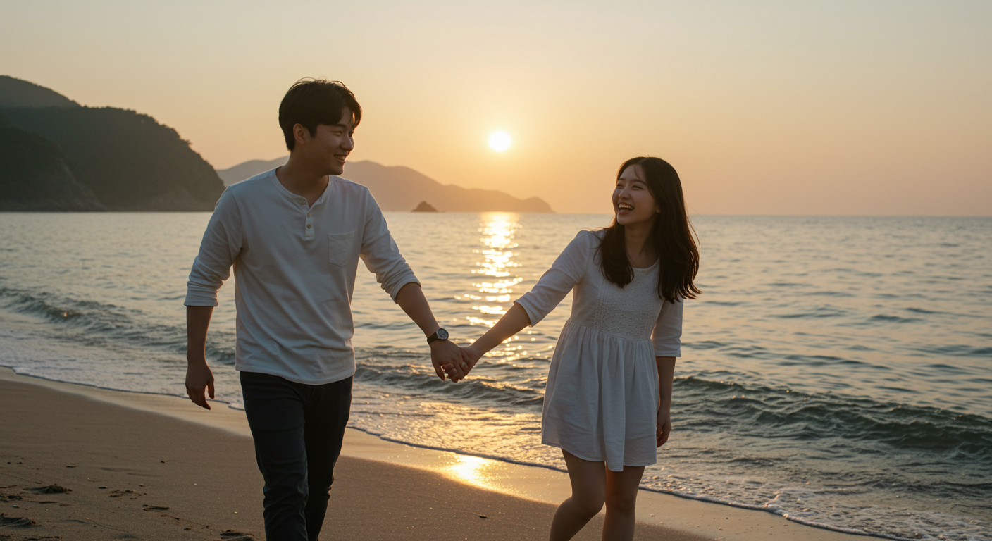 강원도 강릉 해변에서 일출을 배경으로 손잡고 걷는 행복한 한국인 커플