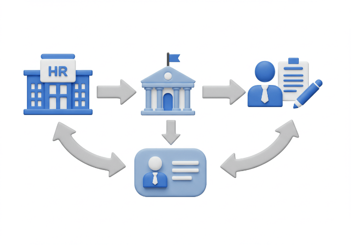 50세 이상 기업 의무 재취업지원서비스 신청 프로세스를 보여주는 3D 플로우차트