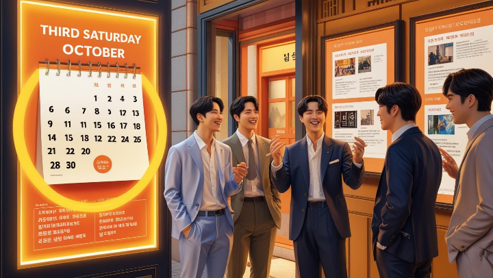 달력에서 10월 셋째 주 토요일이 밝게 강조되어 있고 사람들이 공연장 앞에서 대화하고 있는 모습