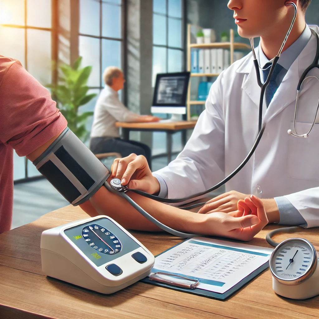 건강 검진 센터에서 혈압을 측정하는 모습