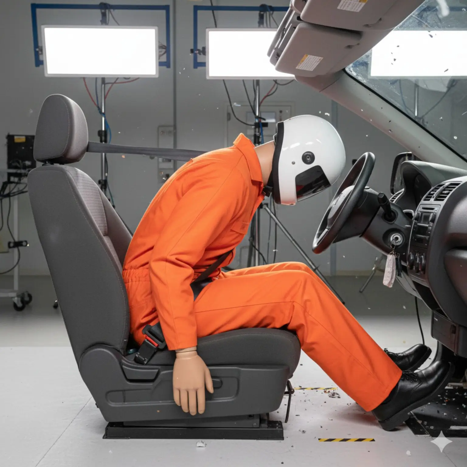 2단 안전벨트 착용 상태에서 상체가 앞으로 접히며 척추와 복부에 하중이 집중되는 충돌 장면