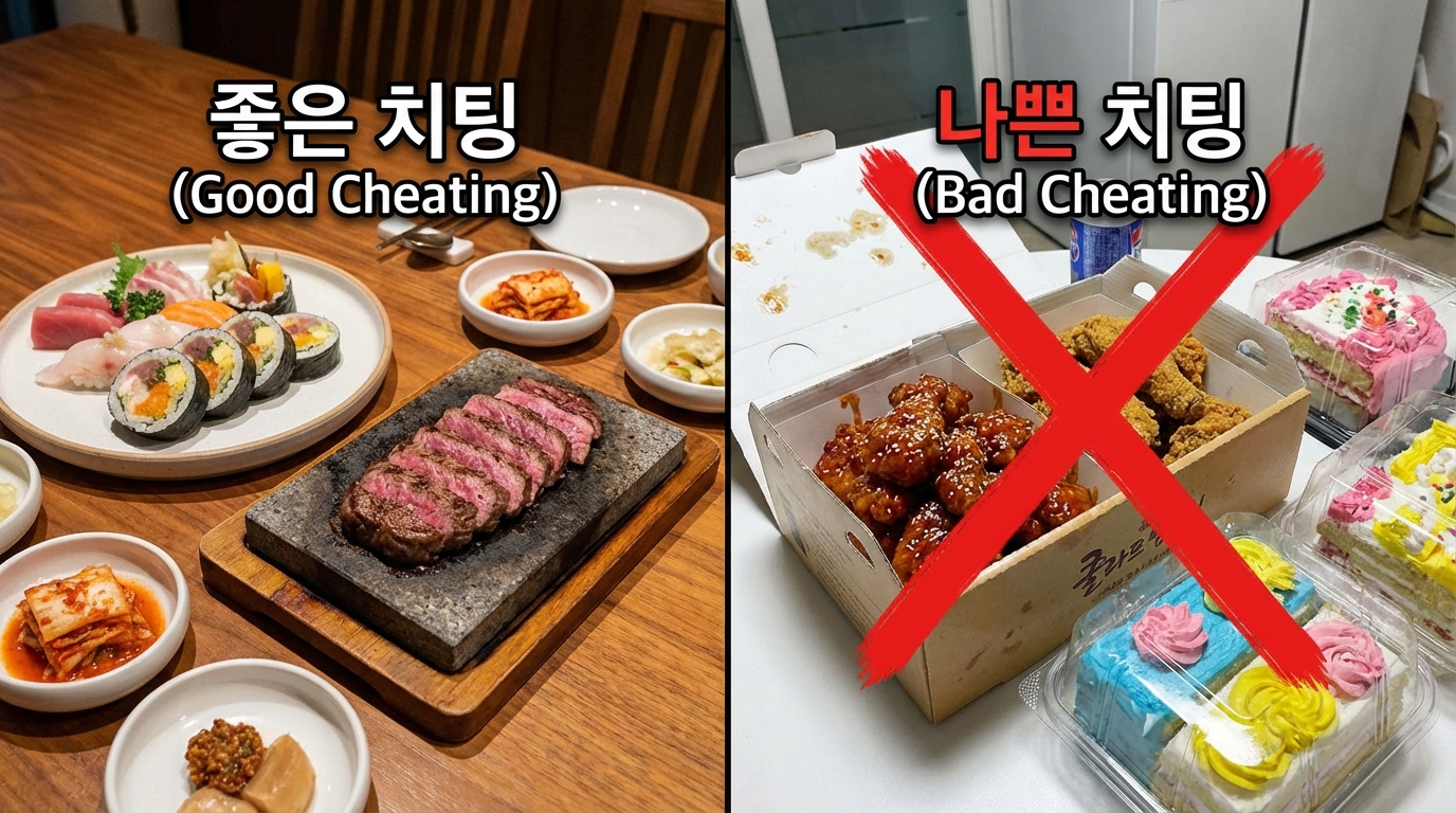 초밥, 스테이크 등 좋은 치팅 식단과 튀김, 케이크 등 나쁜 치팅 식단을 비교하는 이미지