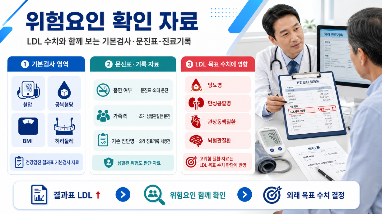 LDL 수치 해석 시 혈압, 공복혈당, BMI, 가족력, 기존 진단명을 함께 확인하는 위험요인 인포그래픽