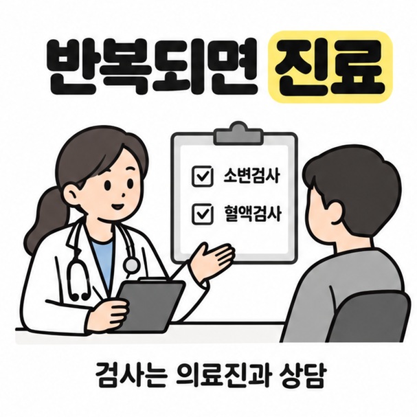 소변검사와 혈액검사 기록판으로 단내가 반복되면 의료진과 검사 필요성을 상담하도록 안내하는 카드