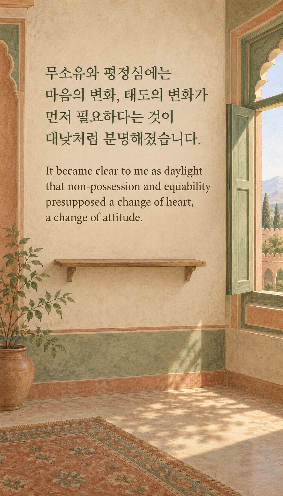 무소유와 평정심에는 마음의 변화, 태도의 변화가 먼저 필요하다는 것이 대낮처럼 분명해졌습니다. &mdash; 빈 선반과 열린 창, 인도풍 그림