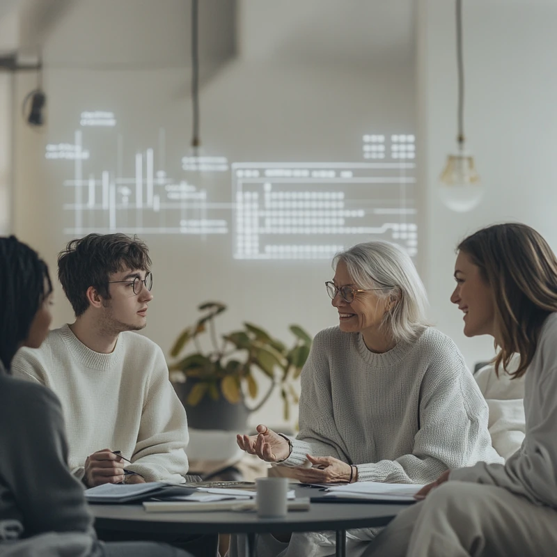 다양한 연령층이 2025 IRP 및 연금저축 계좌를 통한 ETF 장기 투자 전략을 토론하는 풍경과 뒤에 디지털 금융 그래프가 어우러진 장면, IRP 계좌 ETF 추천, 연금 전략, 투자자 맞춤 포트폴리오, 금융 비교 분석을 자연스럽게 나타냄