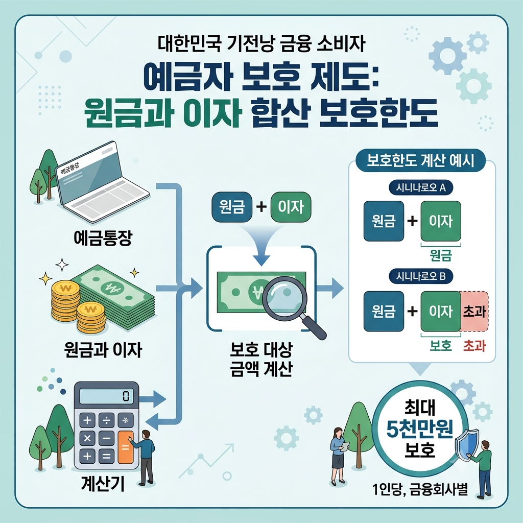 예금자보호 한도 1억원과 원금 및 이자 합산 기준을 설명하는 금융 안내 그래픽