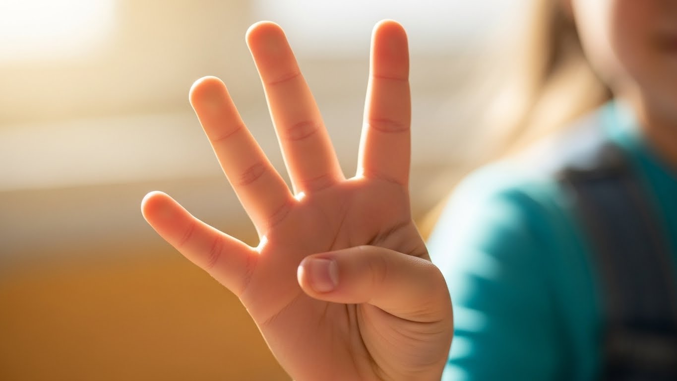 Close-up of a child's hand counting fingers against a bright, warm background.