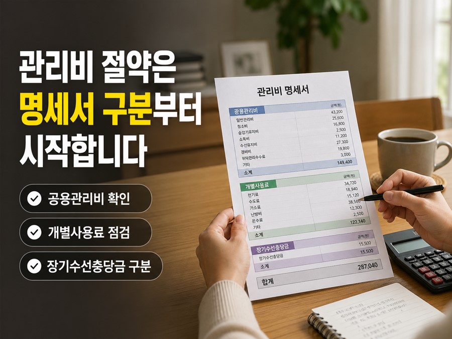 관리비 명세서에서 공용관리비, 개별사용료, 장기수선충당금을 구분해 관리비를 아끼는 방법을 보여주는 체크리스트형 이미지입니다.