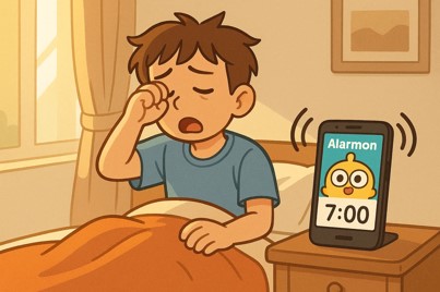 아침에 알람몬 앱의 소리를 듣고 일어나는 남자의 모습