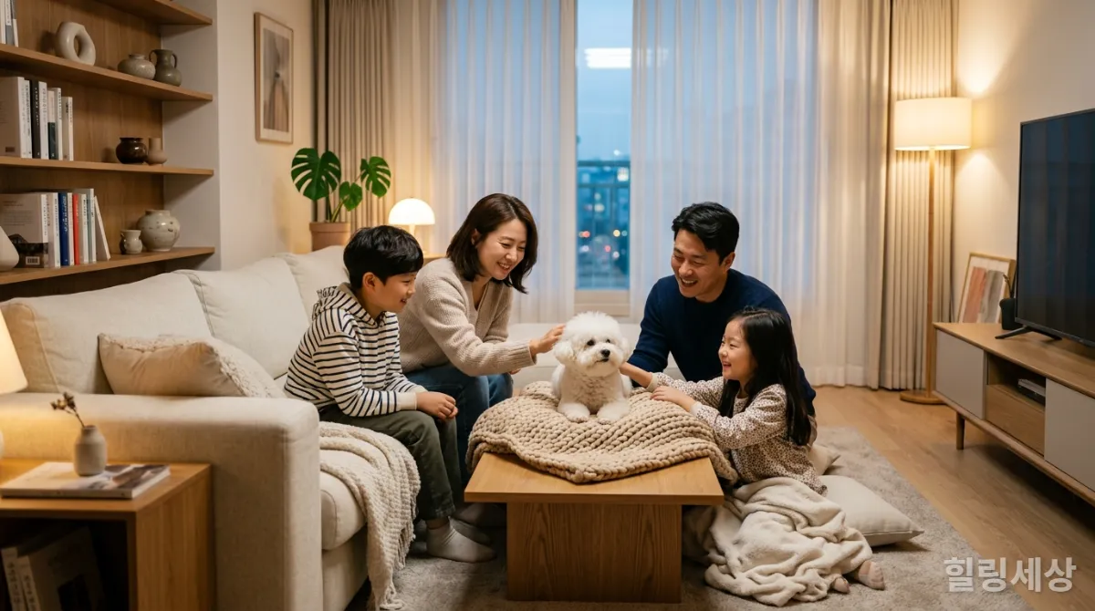 반려동물과 함께 집에서 편안하게 휴식을 취하는 한국인 가족