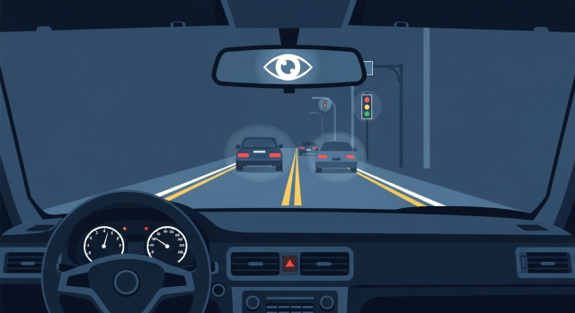 시력 회복 후 야간 운전 시야가 안정된 모습을 표현한 일러스트