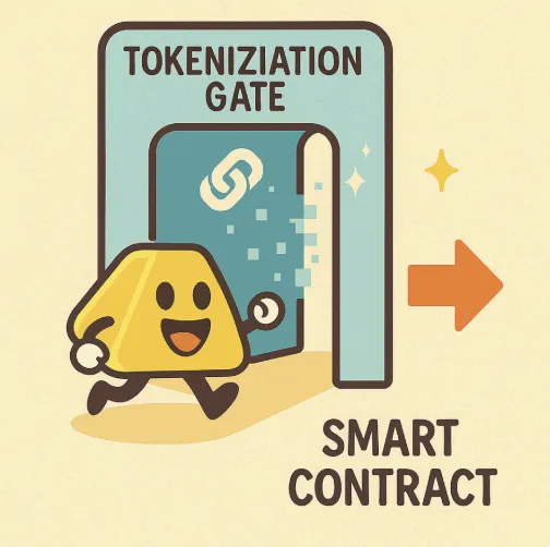 금괴 모양의 현실 자산 캐릭터가 ‘Tokenization Gate’를 통과하며 디지털 픽셀로 전환되는 장면을 묘사한 일러스트 이미지. RWA 자산이 스마트 컨트랙트를 통해 토큰화되는 과정을 시각적으로 설명함 (smart contract, tokenization, RWA blockchain process)