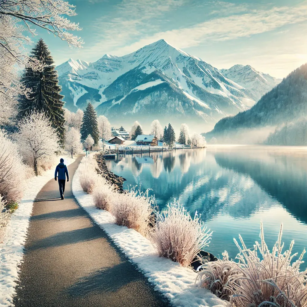 인터라켄 호수와 설산을 배경으로 한 겨울 산책