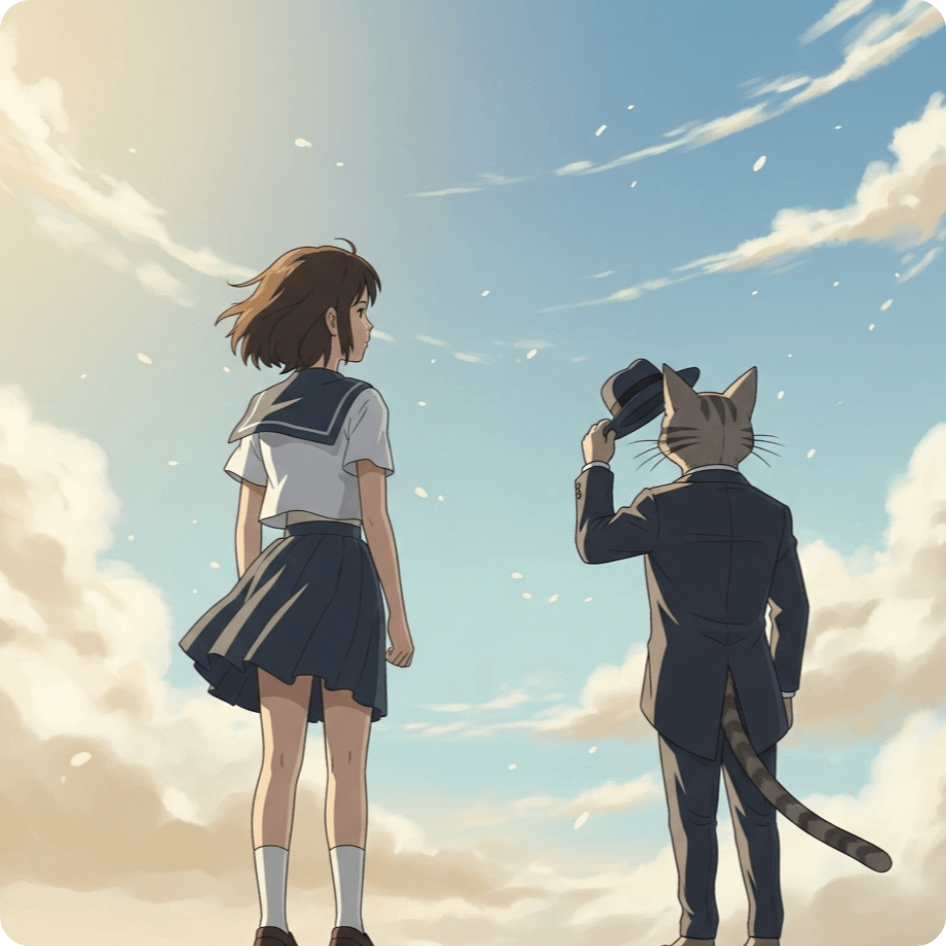 alt="고양이의 보은의 하루가 바론과 함께 옥상 위에 서서 맑은 하늘을 바라보는 장면. 따뜻한 햇살 아래, 자유와 책임을 깨달은 하루의 성숙한 표정을 담은 일러스트."