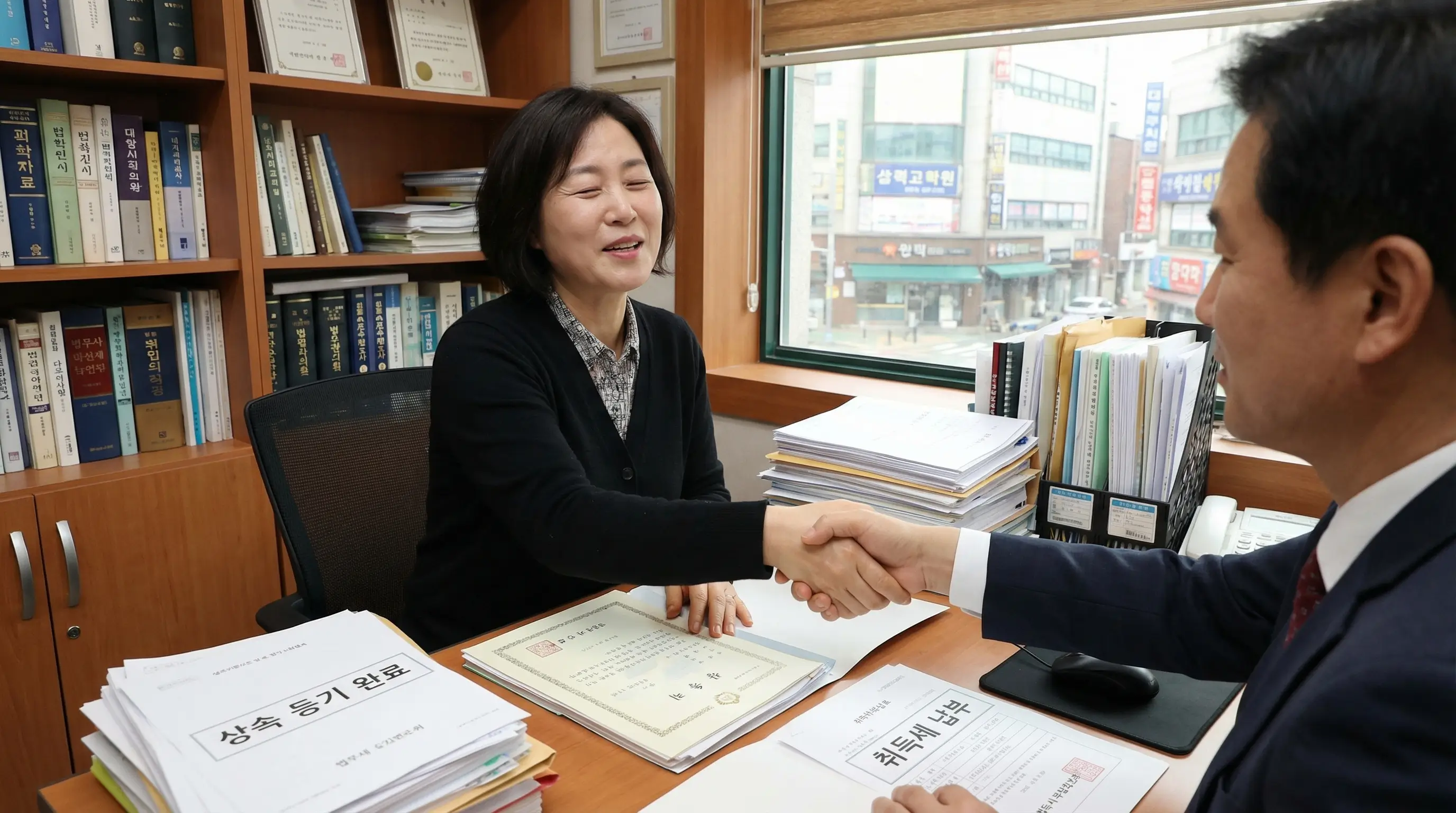 법무사의 도움으로 상속 등기와 취득세 납부를 무사히 마치고 안도하는 상속인의 모습