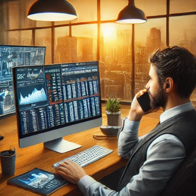 전화통화 하면서 모니터를 바라보는 남자