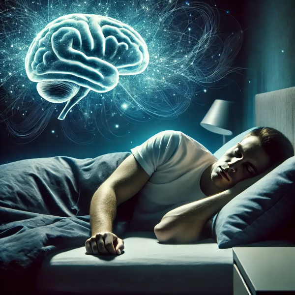 뇌 과열로 인해 잠들지 못하고 뒤척이는 사람, 어두운 방과 파란빛 조명