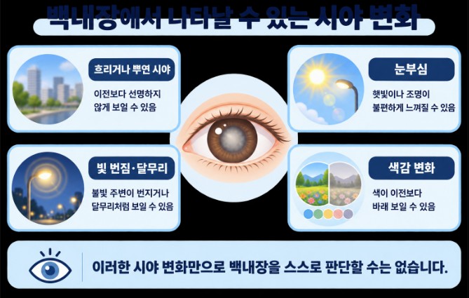 백내장에서 나타날 수 있는 흐린 시야 눈부심 빛 번짐 색감 변화