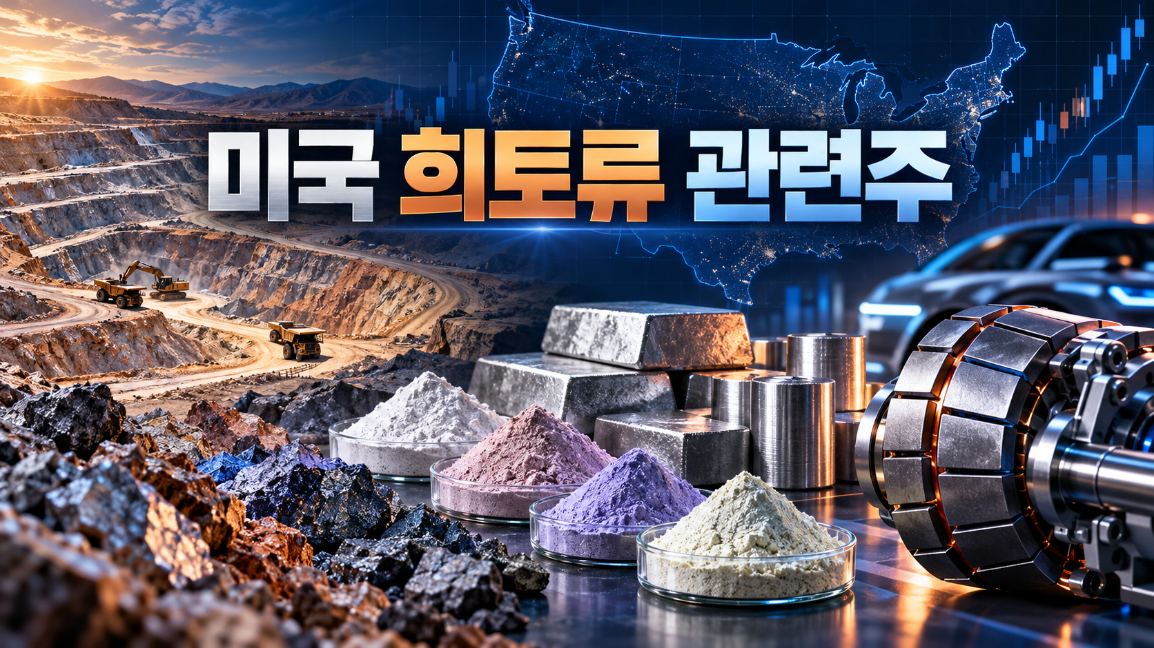 미국 지도와 희토류 광산, 정제 산화물, 합금, 전기차 모터를 담은 미국 희토류 관련주 대표 이미지