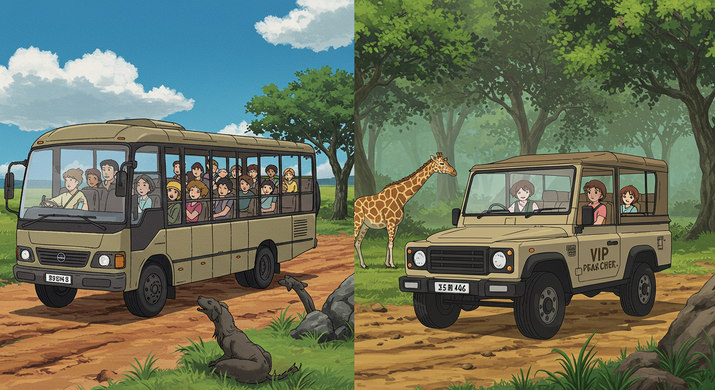 일반 사파리 버스와 스페셜 투어 전용 차량 비교 장면