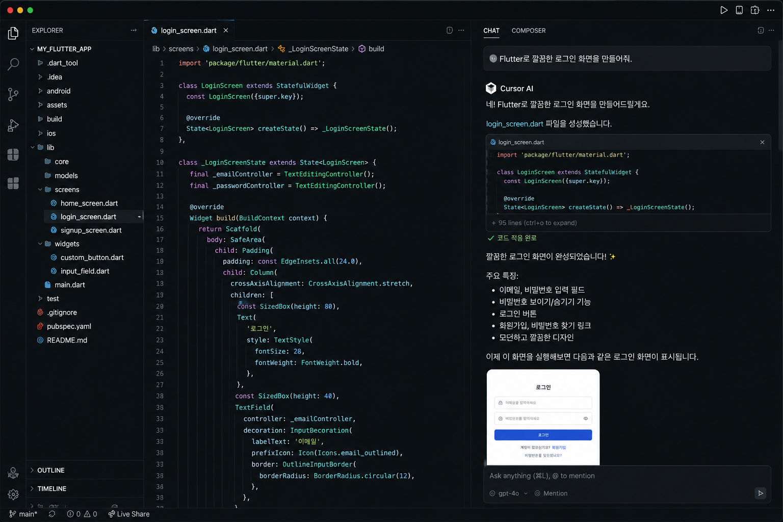 Cursor AI에게 Flutter 로그인 화면 생성을 요청하는 모습