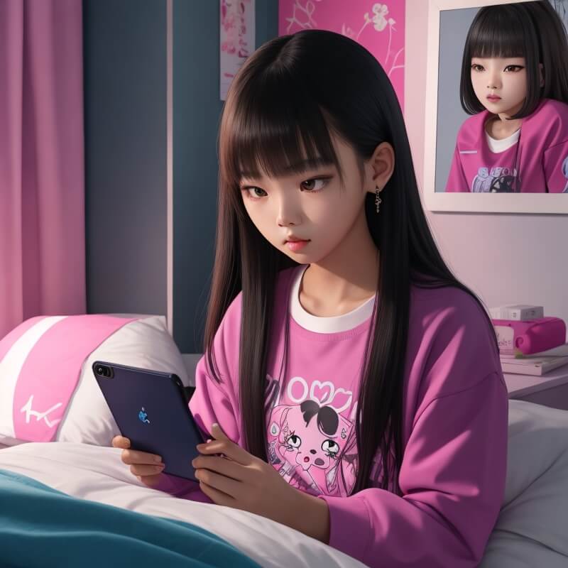 침대를 핸드폰을 보고 있는 어린 소녀