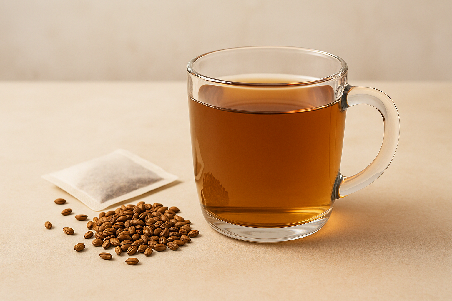 &ldquo;투명한 유리컵에 담긴 따뜻한 보리차가 베이지색 테이블 위에 놓여 있고, 옆에는 볶은 보리 알갱이와 티백이 놓여 있다. 구수하고 자연스러운 분위기의 실사형 이미지.&rdquo;