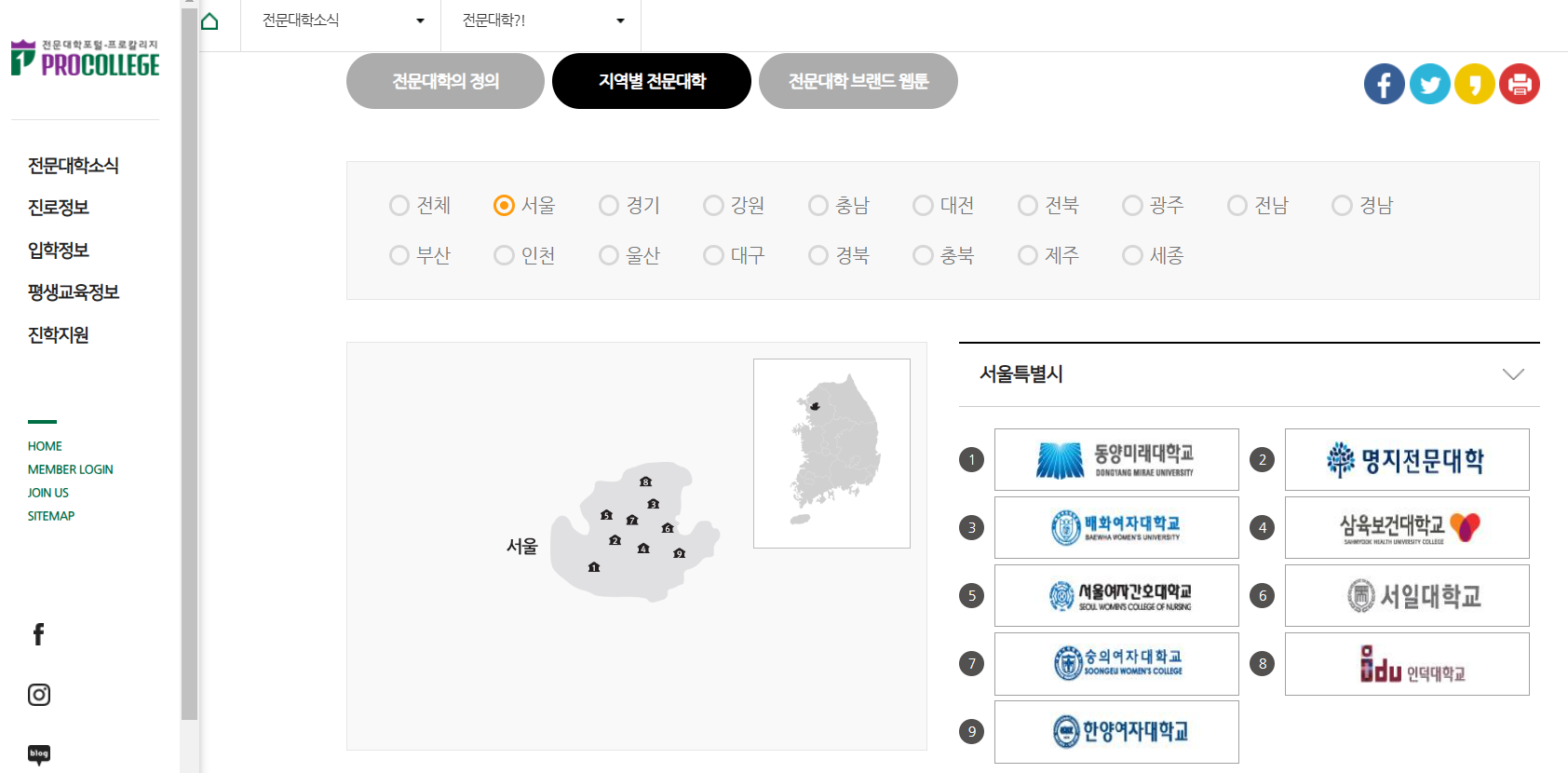 전문대학포털-지역별전문대학