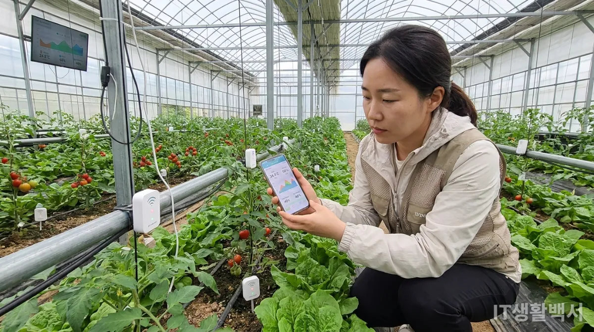IoT 센서가 설치된 스마트 농장에서 식물을 살피는 한국인 농업 연구원