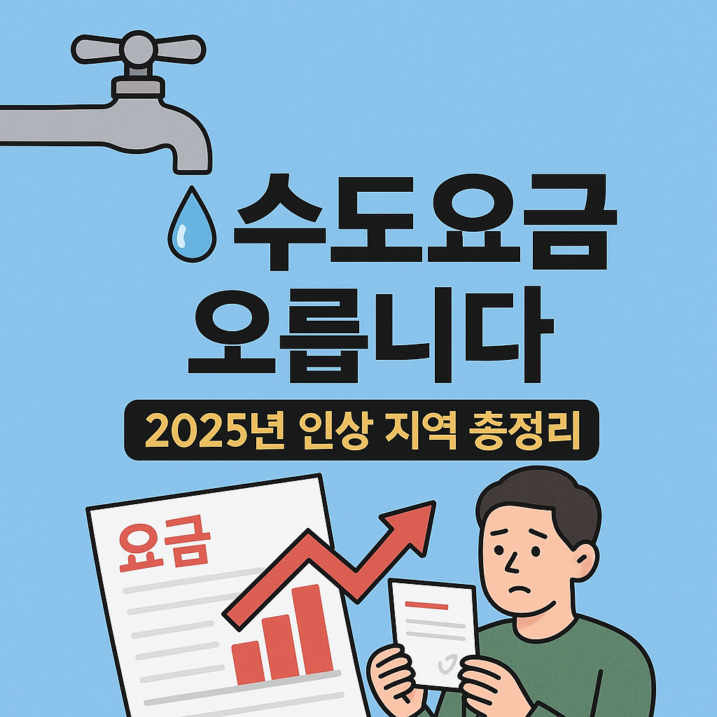 2025년 수도요금 인상 소식을 전하는 썸네일 이미지, 파란 배경에 수도꼭지에서 떨어지는 물방울과 함께 요금 고지서를 들고 걱정하는 남성의 일러스트, 중앙에는 &lsquo;수도요금 오릅니다&rsquo;라는 문구가 강조됨